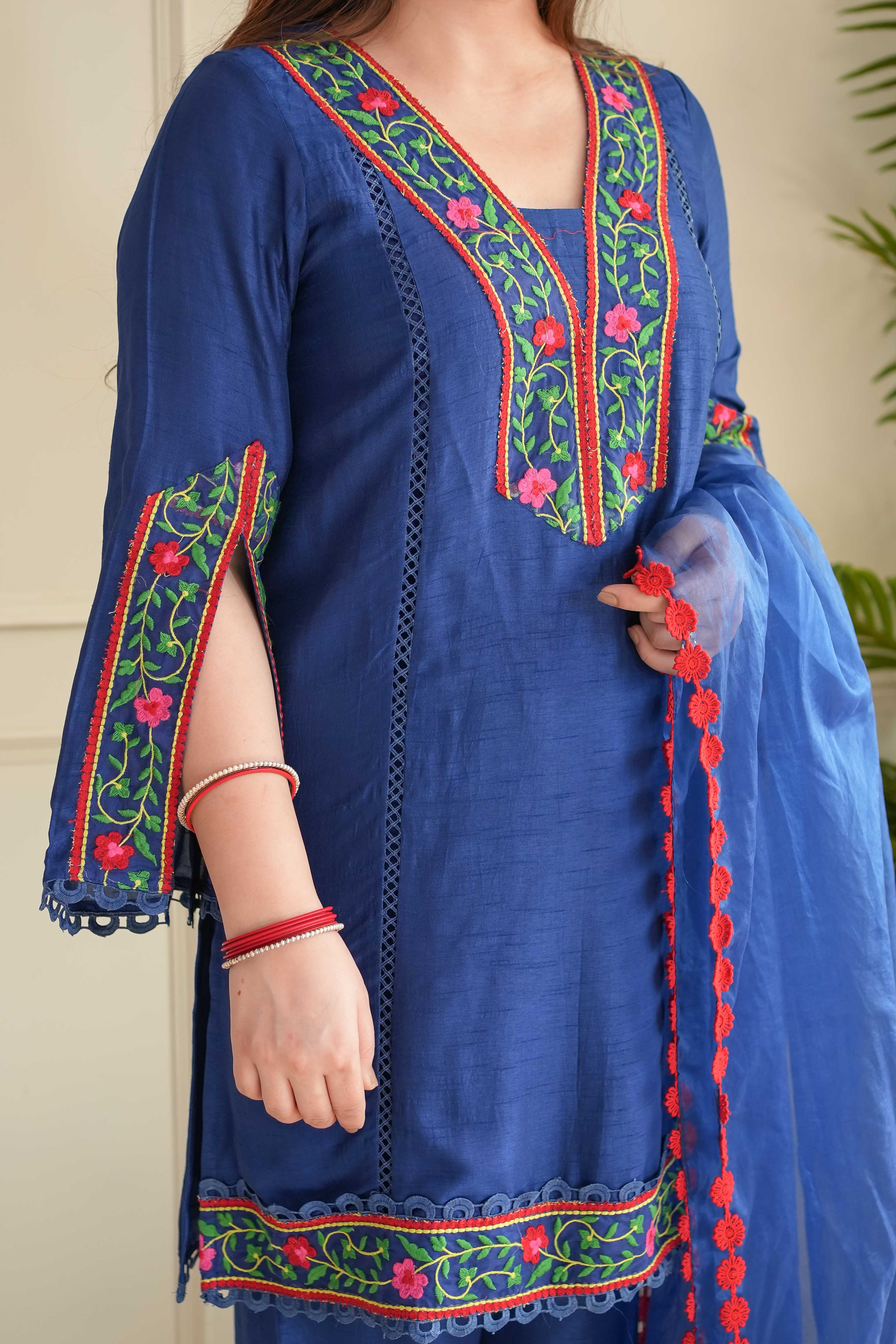 Rajha Blue Thread Work Silk Suit - LA GLITS