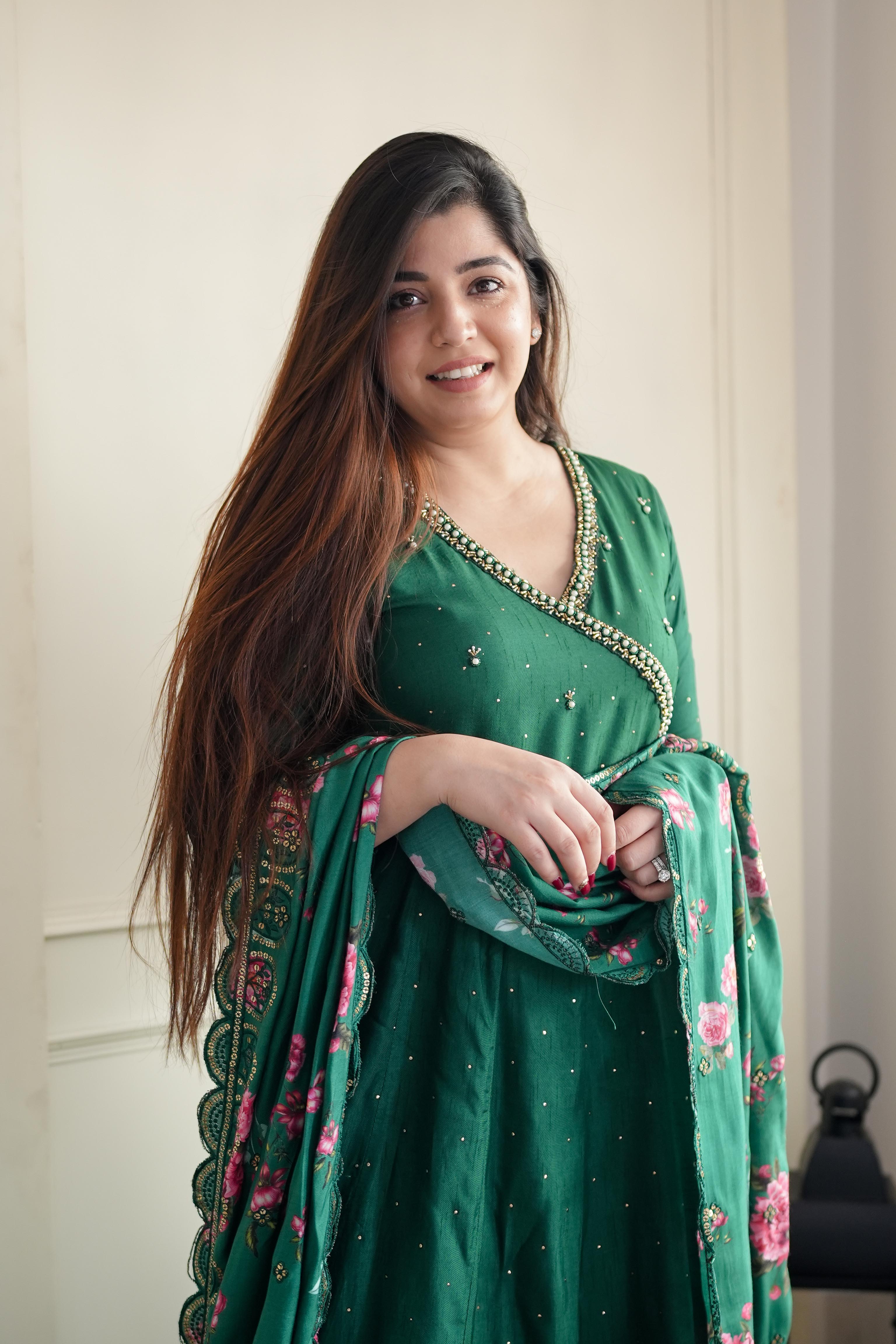 Samaara Green Silk Anarakali With Printed Dupatta - LA GLITS