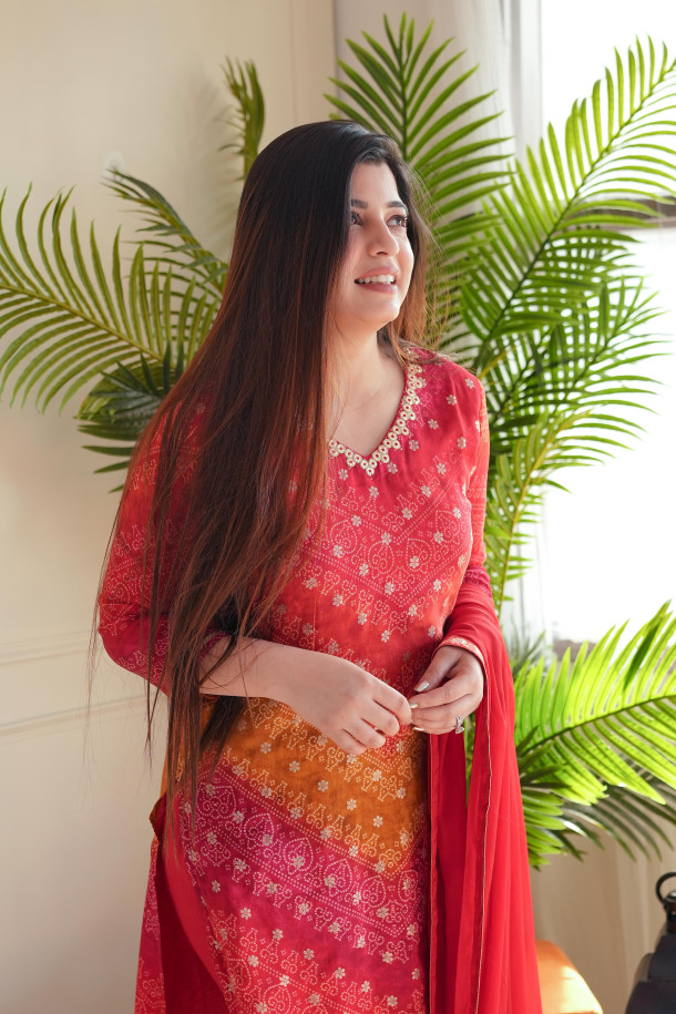 Pratha Red Printed Silk Suit - LA GLITS